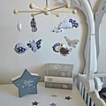 mobile bébé éveil oiseaux papillons nuage gris foncé gris clair blanc - décoration chambre bébé gris foncé gris clair blanc 3