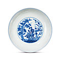 A blue and white 'three friends of winter' dish, qianlong six-character seal mark in underglaze blue and of the period (1736-179