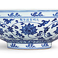 An outstanding and large blue and white 'indian lotus' fruit bowl, mark and period of xuande (1426-1435)