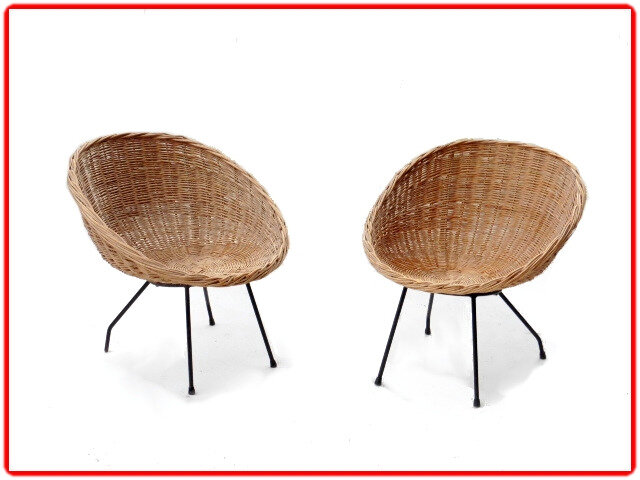 Paire de fauteuils rotin métal vintage 1950