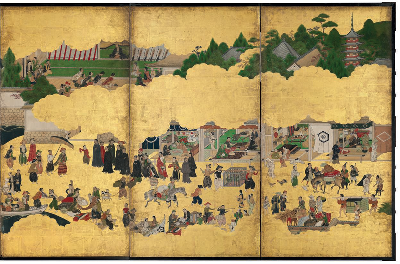 An important Nanban six-fold screen depicting the arrival of a Portuguese ship for trade, Edo period, 17th century 2
