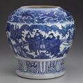 Jar with blue-and-white decoration of a drama scene based on the romance of the three kingdoms. ming dynasty, wanli period