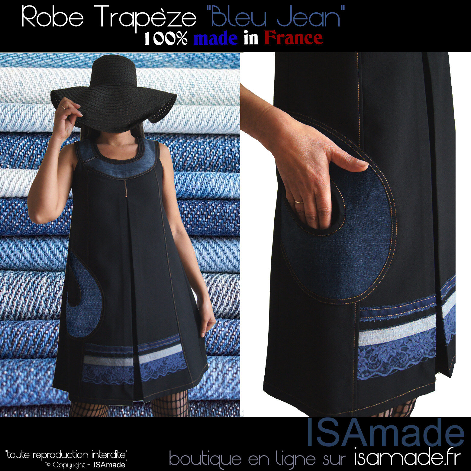 Robe trapèze noire jean dentelle chic fabrication française