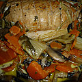 Roti de dinde a la creme et ses carottes, blettes et champignons