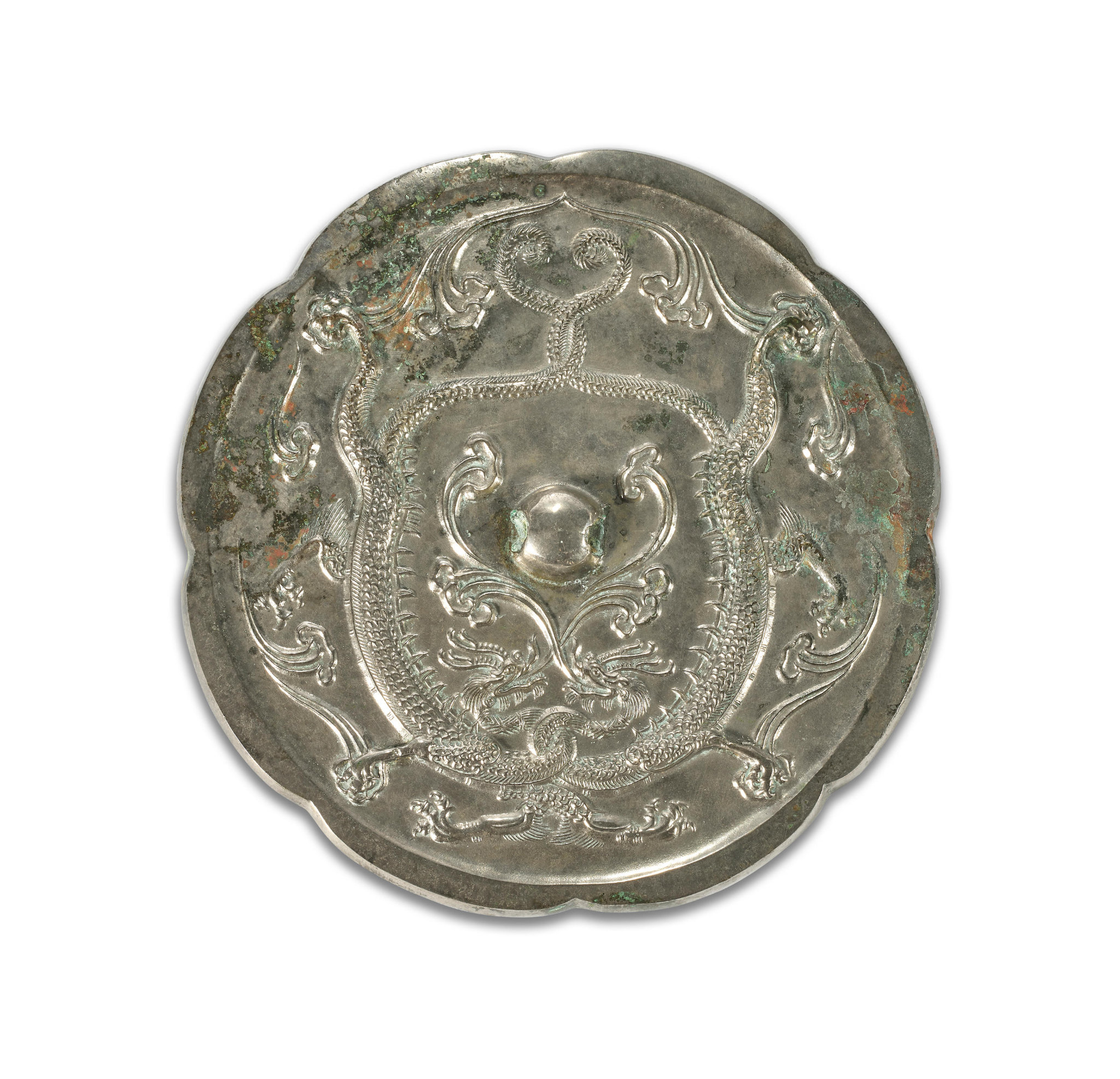 A rare bronze octalobed 'twin dragon' mirror, Tang dynasty