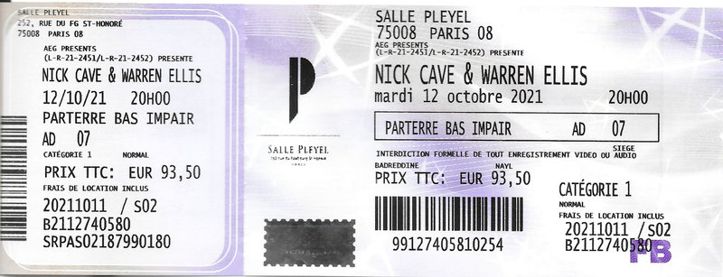 2021 10 12 Nick Cave & Warren Ellis Salle Pleyel Billet
