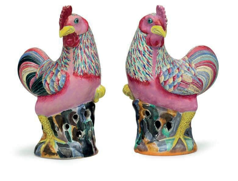 A pair of famille rose roosters, late 18th-early 19th century