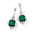 Superb pair of emerald and diamond pendent earrings