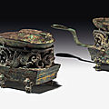 A pair of small bronze openwork braziers and ear cups, eastern han dynasty (25-220)