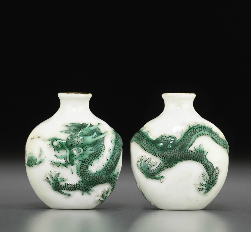 A molded green-enameled 'dragon' snuff bottle, Daoguang seal mark and of the period, Imperial kilns, Jingdezhen