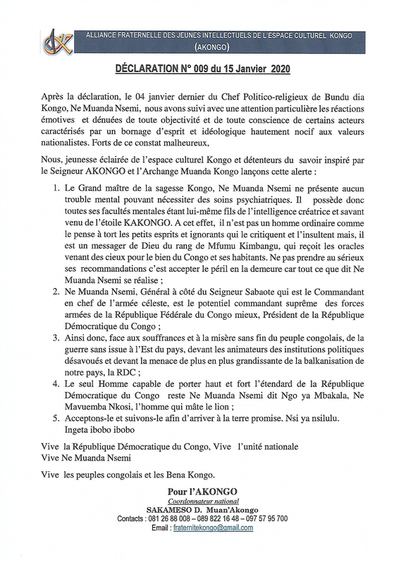 DECLARATION N°009 DU 15 JANVIER 2020