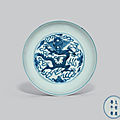 A large blue and white  'dragon' dish, wanli six-character mark in underglaze blue within a double circle and of the period 