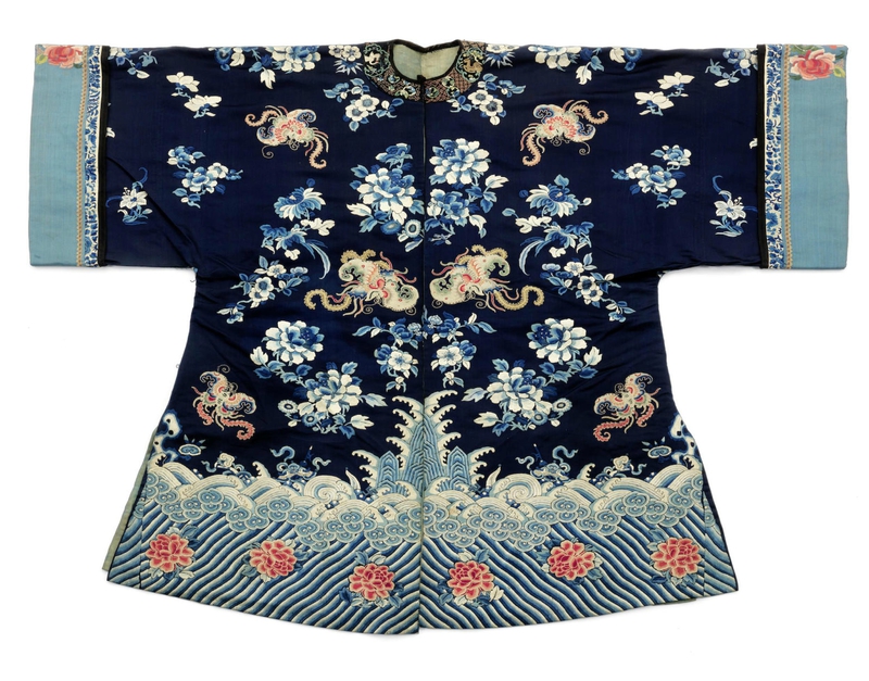 A midnight-blue-ground silk lady's informal three-quarter-length robe ...