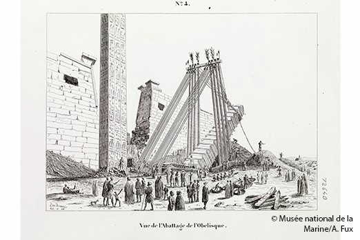 Abattage de l'obélisque n°4, in Campagne du Luxor 1835, estampe 1831 Léon de Joannis (1803-1868)