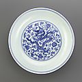 Blue-and-White ‘Dragon’ dish with Phagsa inscription, Zhengde mark and period (1506 – 1521), Ming Dynasty (1368 – 1644)