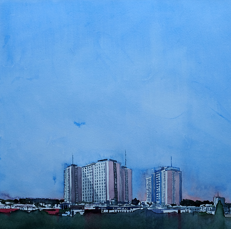 cholet autoroute, aquarelle, juillet 2018