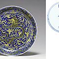 A yellow and blue dragon dish, Kangxi six-character mark in underglaze blue within a double circle and of the period (1662-1722)