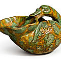 A sancai-glazed pottery bird-form oil lamp, Tang dynasty