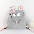 Sac enfant maternelle personnalisable prénom souris personnalized backpack mouse grey pink liberty