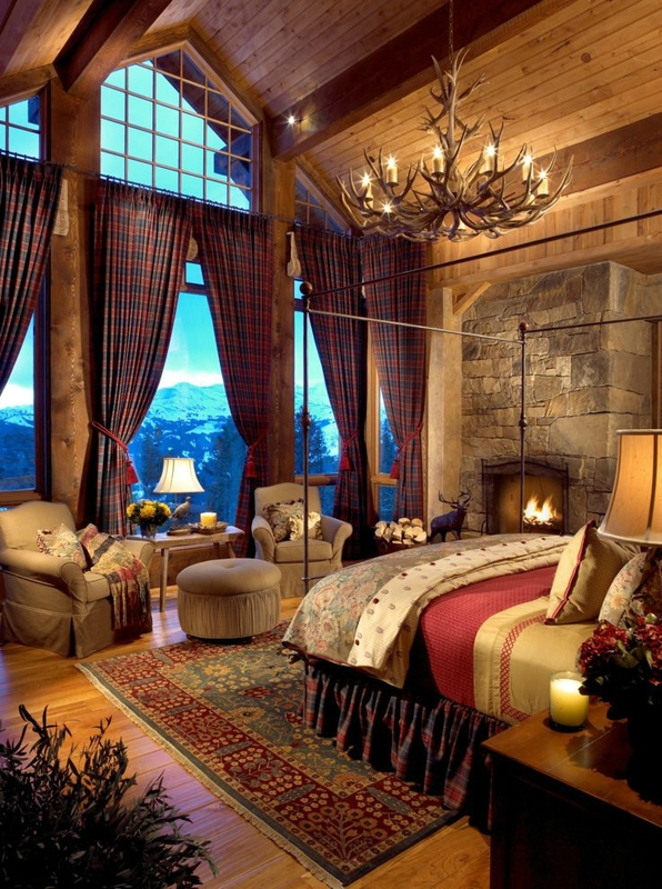 ski-lodge-fireplace-bedroom-rustic-with-wood-paneling-traditional-blankets