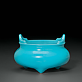 A rare opaque turquoise glass tripod censer, China, Qing dynasty, Qianlong four-character wheel-cut mark within a square and of the period (1736-1795)