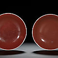 A fine pair of copper-red glazed saucer dishes, seal marks and period of qianlong (1736-1795)