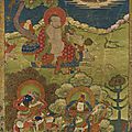 Arhat et deux gardiens, tibet, ca 18° siècle