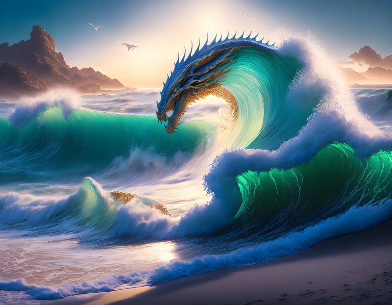waves crashing on beach in the shape of elegant dragon by Crystaldelic
