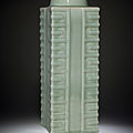 A very rare and large longquan celadon cong-form vase, southern song-yuan dynasty (1127-1368)
