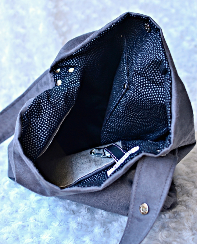 coton noir point argent, sac cabas suédine grise