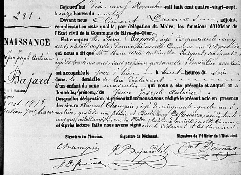 acte de naissance Jean Bajard, 1881