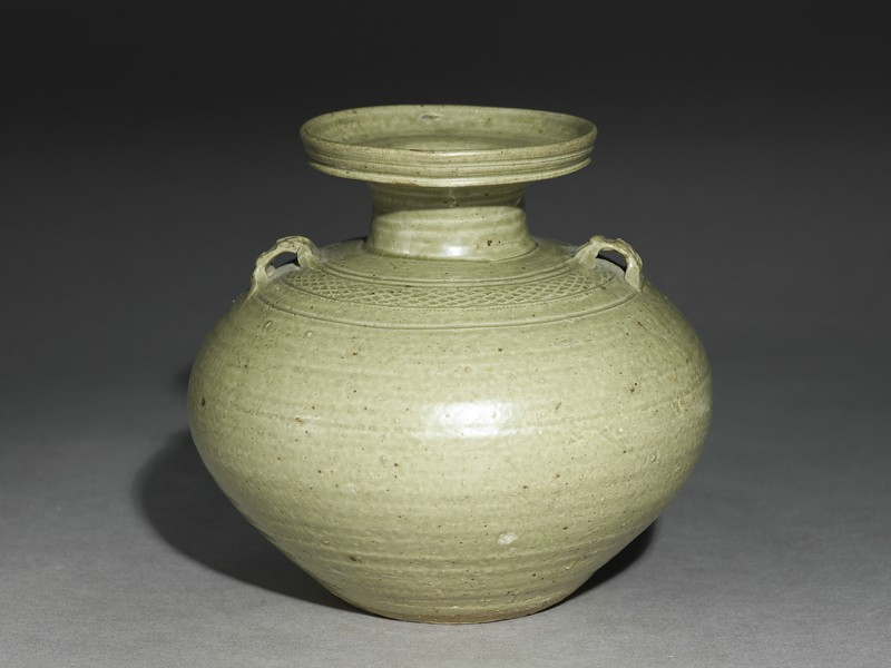 Greenware vase, or hu, with loop handles, Yue kiln-sites, late 5th century-early 6th century AD
