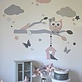 stickers décoration chambre enfant fille bébé branche cage à oiseau hibou chouette oiseaux papillons étoiles rose poudré gris argenté