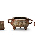 A group of three arabic-inscribed bronze incense vessels, ming dynasty, possibly of the zhengde period (1506-1521)