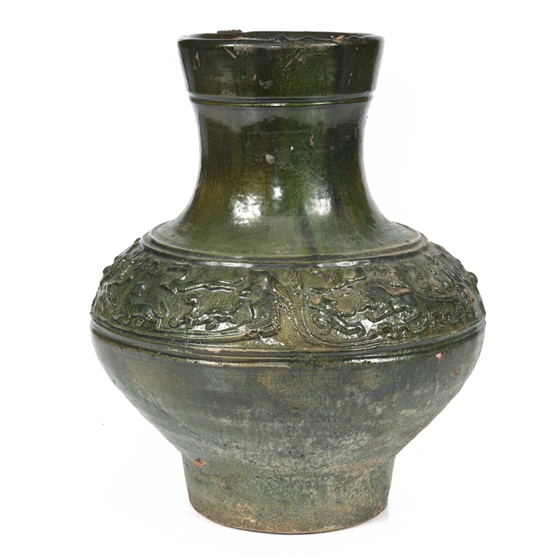 Vase de forme balustre à col ouvert en grès émaillé vert, Chine, Époque Han (206 av