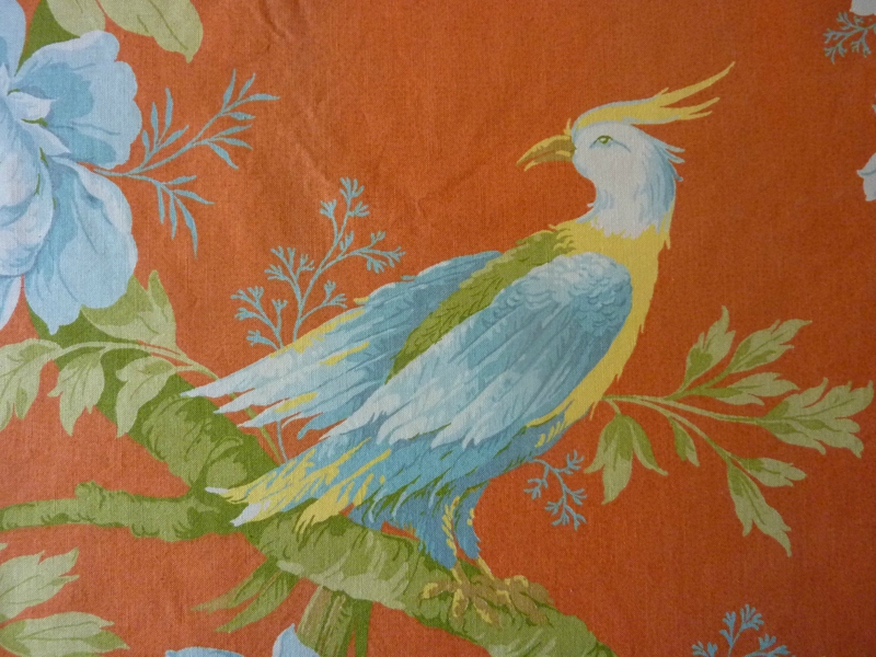 2175 Magnifique tissu ancien Oiseaux de paradis fond orange