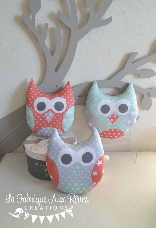 petit coussin hibou menthe mint vert d'eau corail gris