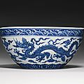A rare and important blue and white 'Dragon' bowl (bo), Xuande mark and period 1