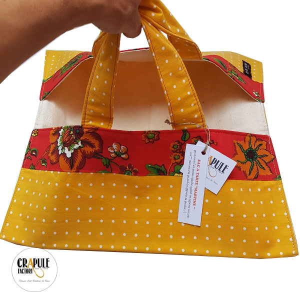 Sac à tarte / porte tarte rétro bohème jaune poussin pois et rouge fleurs vintage chic
Sac à tarte