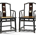 A pair of zitan southern official hat chairs, inset with marble, nanguanmaoyi, qing dynasty, 18th century