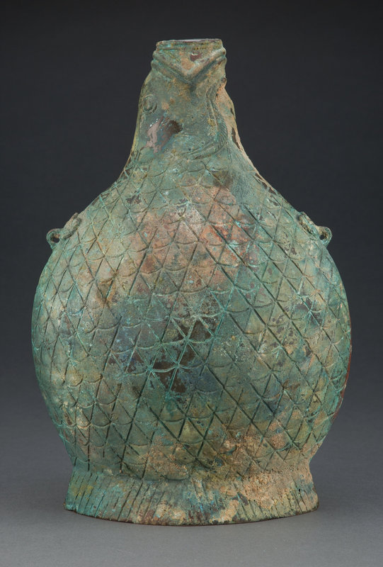 A Chinese Bronze Fish-Form Hu Vessel, Western Han Dynasty (206 BC-AD 9)
