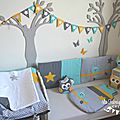 Décoration et linge de lit bébé turquoise moutarde gris argent