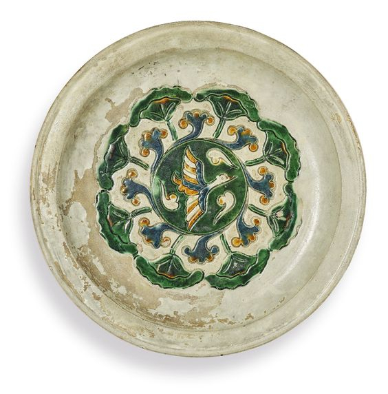 A sancai and blue-glazed tripod dish, Tang dynasty (618-907)