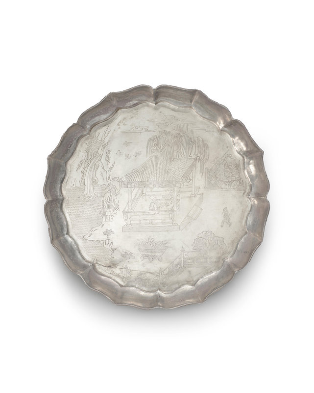 A rare chased silver 'Literary Gathering' pictorial tray, Southern Song dynasty, 13th century