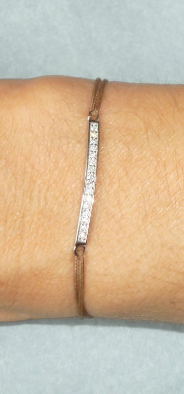 Barrette argent et zirconium, lien marron peau