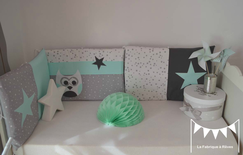 tour lit linge lit gris vert d'eau vert menthe blanc étoiles hibou - décoration chambre bébé fille garçon chouette étoiles vert d'eau gris blanc vert menthe